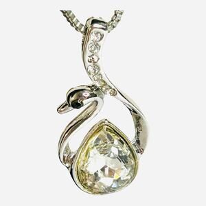 Swan Large Teardrop Rhinestone Silver Tone Pendant Necklace
